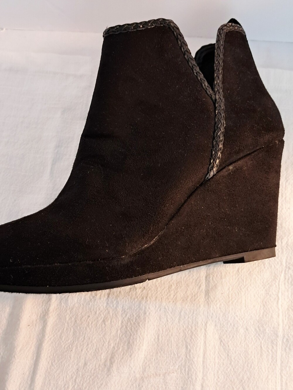 CL by Laundry Black Faux Suede Wedge Ankle Boots in 7.5 M with Braided Trim